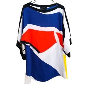 Emmelle Red Blue Yellow Geometric Silk Oversized Kimono Blouse Top